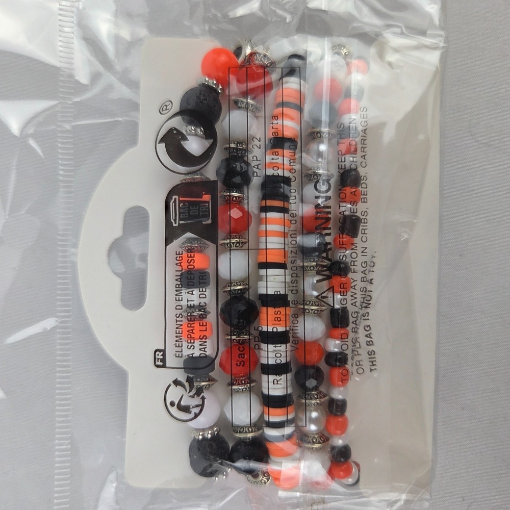 Black Orange White Beaded Bracelet Set: Game Day Jewelry, Halloween Bracelet Set